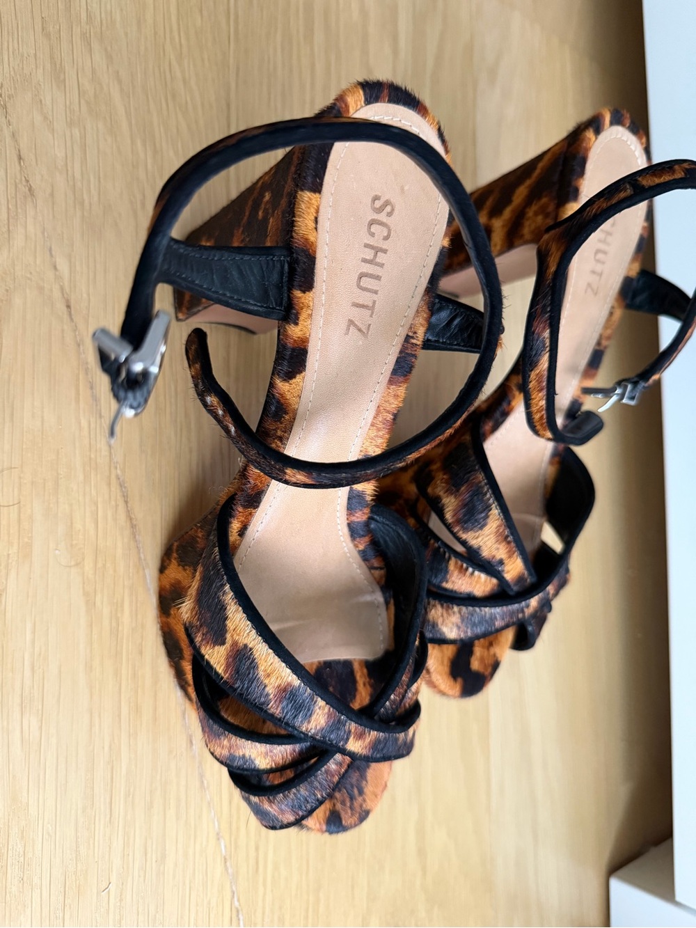 SCHUTZ Leopard Print Ankle-Strap Heels in Black and Brown